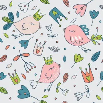 Seamless vector floral pattern. Spring illustration of cute bird Stock Illustration