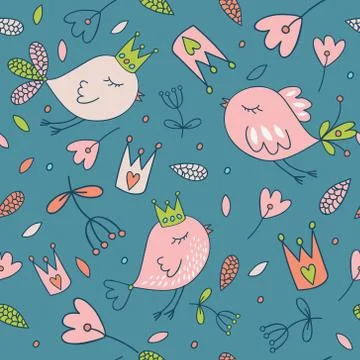 Seamless vector floral pattern. Spring illustration of cute bird Illustrazione stock