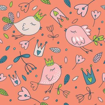 Seamless vector floral pattern. Spring illustration of cute bird Stock Illustration