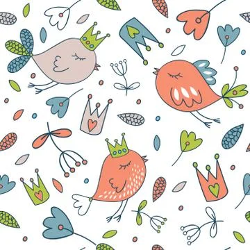 Seamless vector floral pattern. Spring illustration of cute bird Stock Illustration