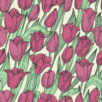 Seamless vector floral pattern with tulips. Hand drawn illustration. Vintage. Stock Illustration
