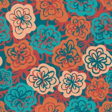 Seamless vector floral pattern in vibrant teal and orange Stock-Illustration