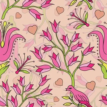 Seamless vector flower, birds design pattern Stock Illustration