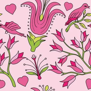 Seamless vector flower, birds design pattern Stock Illustration