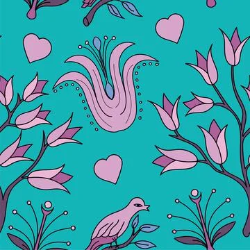 Seamless vector flower, birds design pattern Stock Illustration