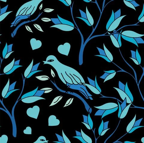 Seamless vector flower, birds design pattern Stock Illustration
