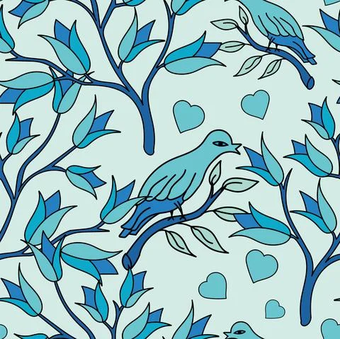 Seamless vector flower, birds design pattern Stock Illustration