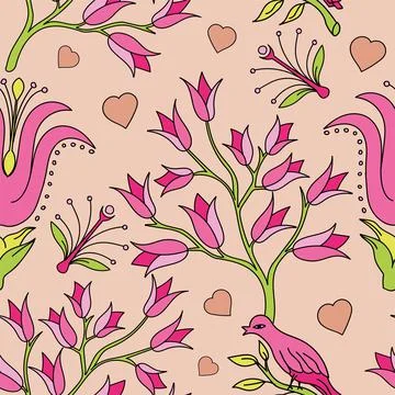 Seamless vector flower, birds design pattern Illustrazione stock