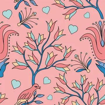 Seamless vector flower, birds design pattern Stock Illustration