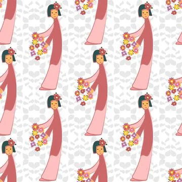 Seamless Vector Flower Girl Repeat Pattern In Pink With Lace Stock Illustration