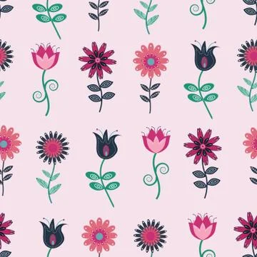Seamless vector flower pattern in folk art style. Stock Illustration