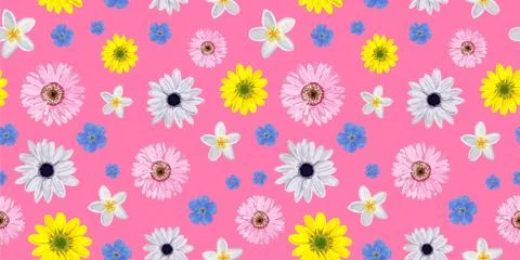 SEAMLESS VECTOR FLOWER PATTERN. Realistic flowers. Spring bright colors. Pink Illustrazione stock