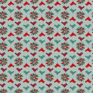 Seamless vector folk christmas pattern with simple flowers and bird silhouettes Stock Illustration