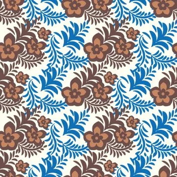 Seamless vector folk pattern with brown lowers and blue leaves 스톡 일러스트
