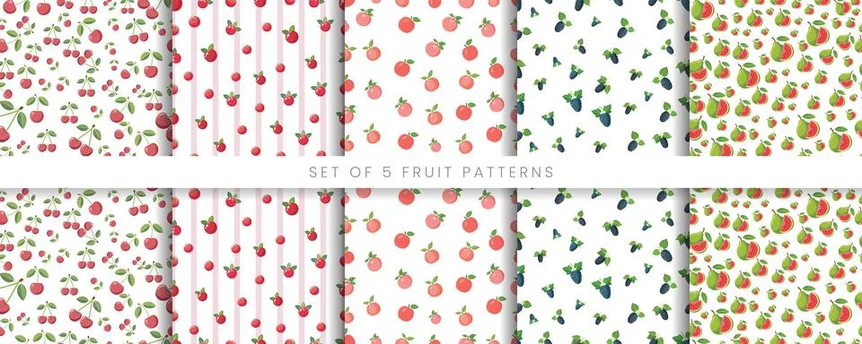 Seamless Vector Fruit Patterns Featuring Cherry Cranberry Peach Blackberry .. Illustrazione stock