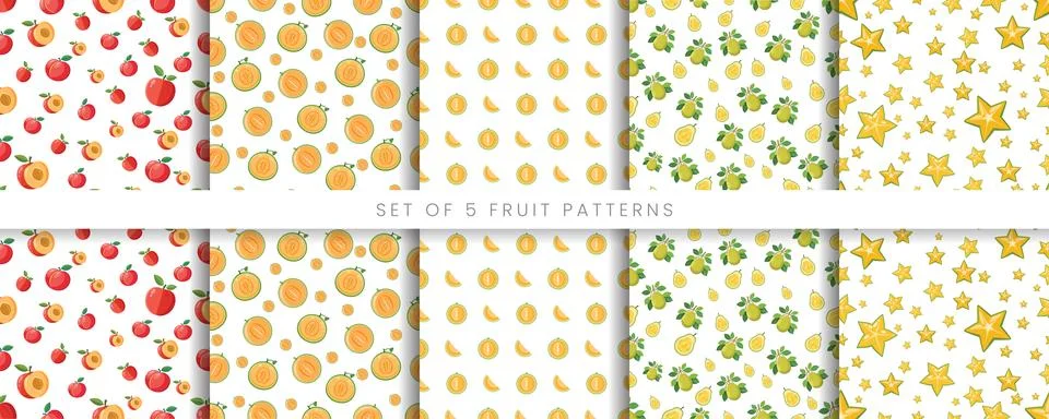Seamless Vector Fruit Patterns Featuring Peach Melon Guava and Starfruit fo.. Stock Illustration