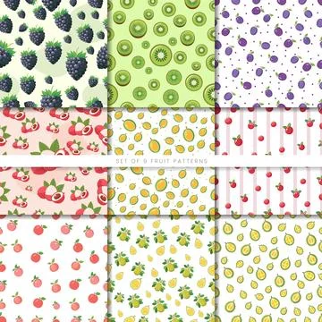 Seamless Vector Fruit Patterns Featuring Blackberry, Kiwi, Plum, Lychee, Du.. Stock Illustration