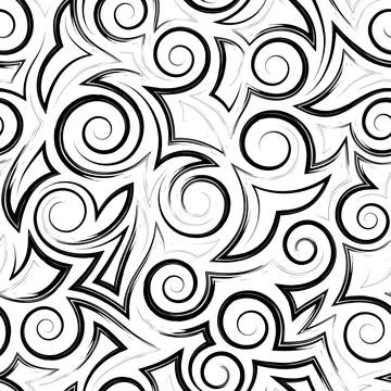 Seamless vector geometric pattern of black spirals of angles and lines isolated Illustration