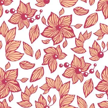 Seamless vector graphic pattern with leaves, beads and flowers made in abstra Stock Illustration