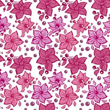 Seamless vector graphic pattern with leaves, beads and flowers made in abstra Stock Illustration