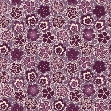 Seamless vector graphic pattern with purple flowers and leaves Stock Illustration