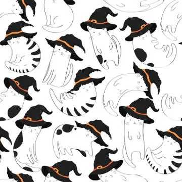 Seamless vector halloween pattern with cute cats in witch hats  isolated on w Stockillustratie