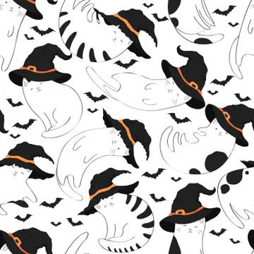 Seamless vector halloween pattern with cute cats in witch hats and bats isola Stock Illustration
