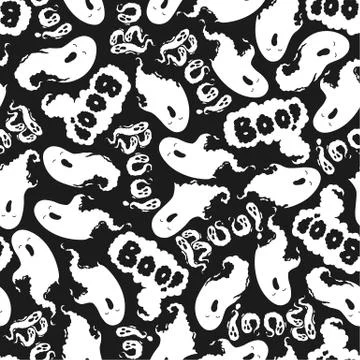 Seamless vector halloween pattern with cute ghosts and Boo letterings isolate Stock Illustration