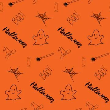 Seamless vector halloween pattern with lettering, candy, ghost, web, witch hat Stock Illustration