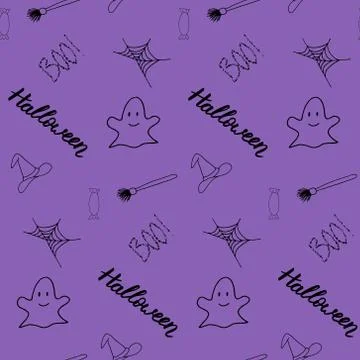 Seamless vector halloween pattern with lettering, candy, ghost, web Stock Illustration