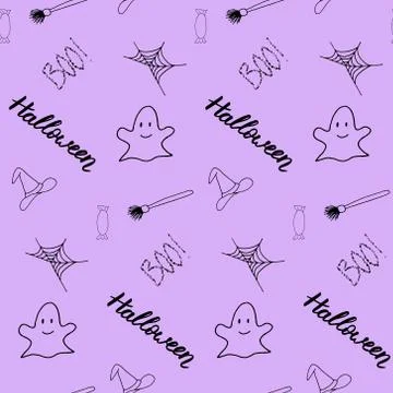 Seamless vector halloween pattern with lettering, candy, ghost, web, witch hat Stock Illustration