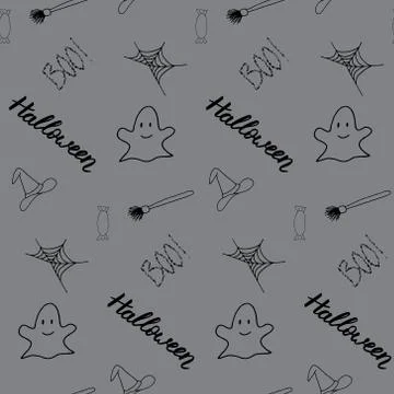 Seamless vector halloween pattern with lettering, candy, ghost, web, witch hat Stock Illustration