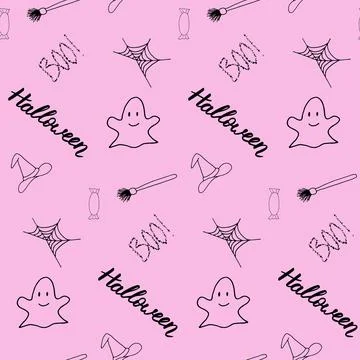 Seamless vector halloween pattern with lettering, candy, ghost, web, witch hat Stock Illustration