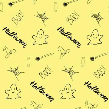 Seamless vector halloween pattern with lettering, candy, ghost, web, witch hat a Stock Illustration