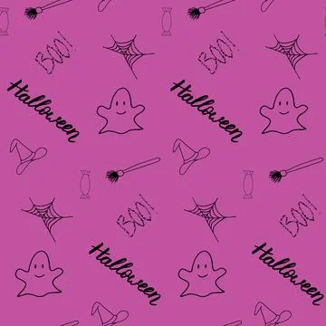 Seamless vector halloween pattern with lettering, candy, ghost, web, witch hat a Stock Illustration