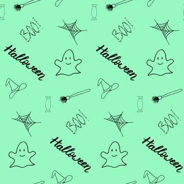Seamless vector halloween pattern with lettering, candy, ghost, web, witch hat a Stock Illustration