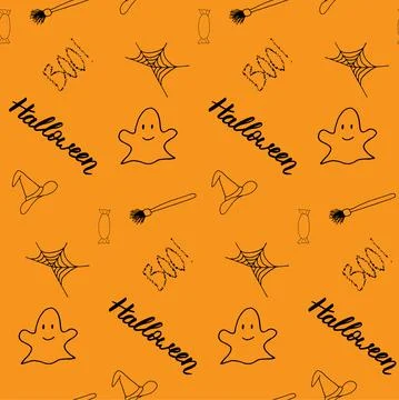 Seamless vector halloween pattern with lettering, candy, ghost, web, witch hat a Illustrazione stock