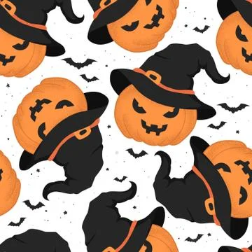 Seamless vector halloween pattern with pumpkins in witch hats isolated on whi Stock Illustration