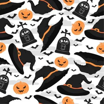 Seamless vector halloween pattern with witch hats, headstones, pumpkins and b Stock Illustration