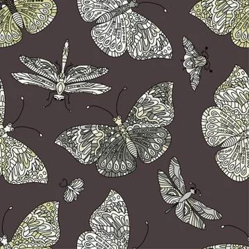 Seamless vector hand drawn pattern with fantasy butterflies in modern style Stock-Illustration