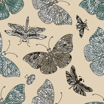 Seamless vector hand drawn pattern with fantasy butterflies in modern style Stock Illustration
