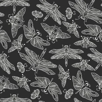 Seamless vector hand drawn pattern with fantasy butterflies, dragonflies Stock Illustration