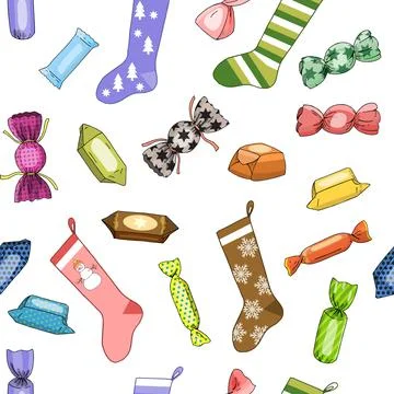 Seamless vector hand drawn pattern of Christmas socks and candies. Stock Illustration