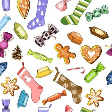 Seamless vector hand drawn pattern of Christmas socks and candies. Stock Illustration