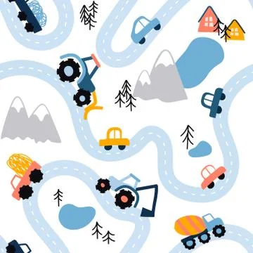 Seamless vector highlands road map pattern in scandinavian style. Landscape Stock Illustration