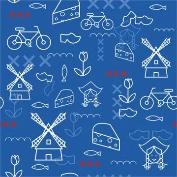 Seamless vector Holland pattern/ Dutch landmarks/ Holland food and building. Stock Illustration