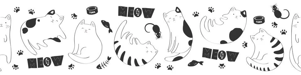 Seamless vector horizontal pattern with black and white cute cats, fish bones Stock Illustration