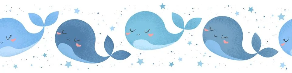 Seamless vector horizontal pattern with cute hand drawn blue whales isolated  Stock Illustration