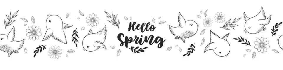 Seamless vector horizontal pattern with hand drawn leaves, flowers and cute b Stock Illustration