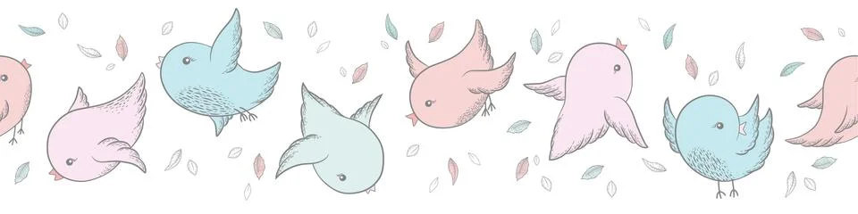 Seamless vector horizontal pattern with hand drawn leaves and cute birds in p Stock Illustration